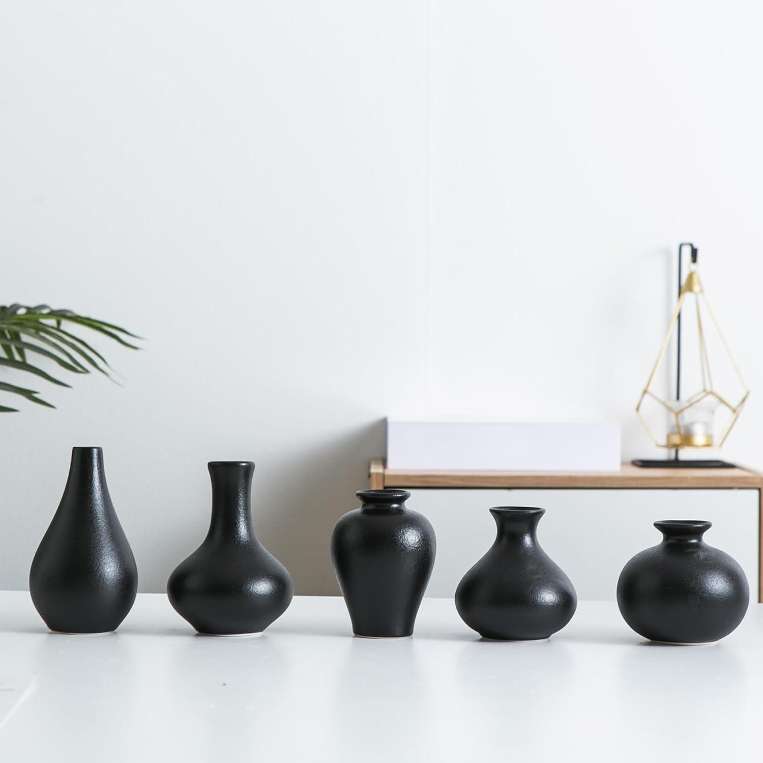Ivy Bronx Small Black Vases, Ceramic Bud Vase Set Of 5, Mini Pottery Vases For Pampas Grass, Flowers, Decorative Vases (Set of 5)