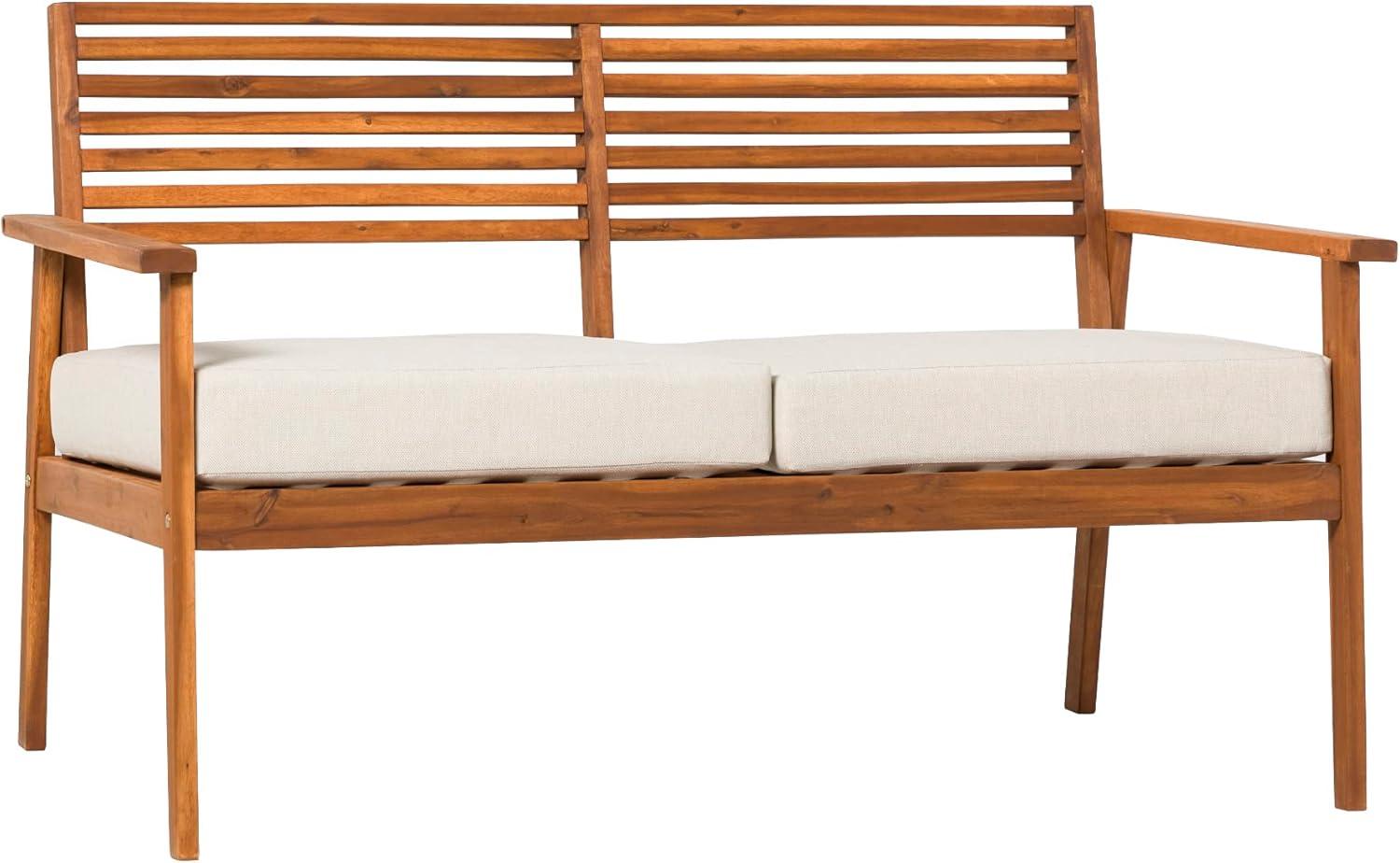 Modern Brown Solid Acacia Wood Outdoor Loveseat with Cushions