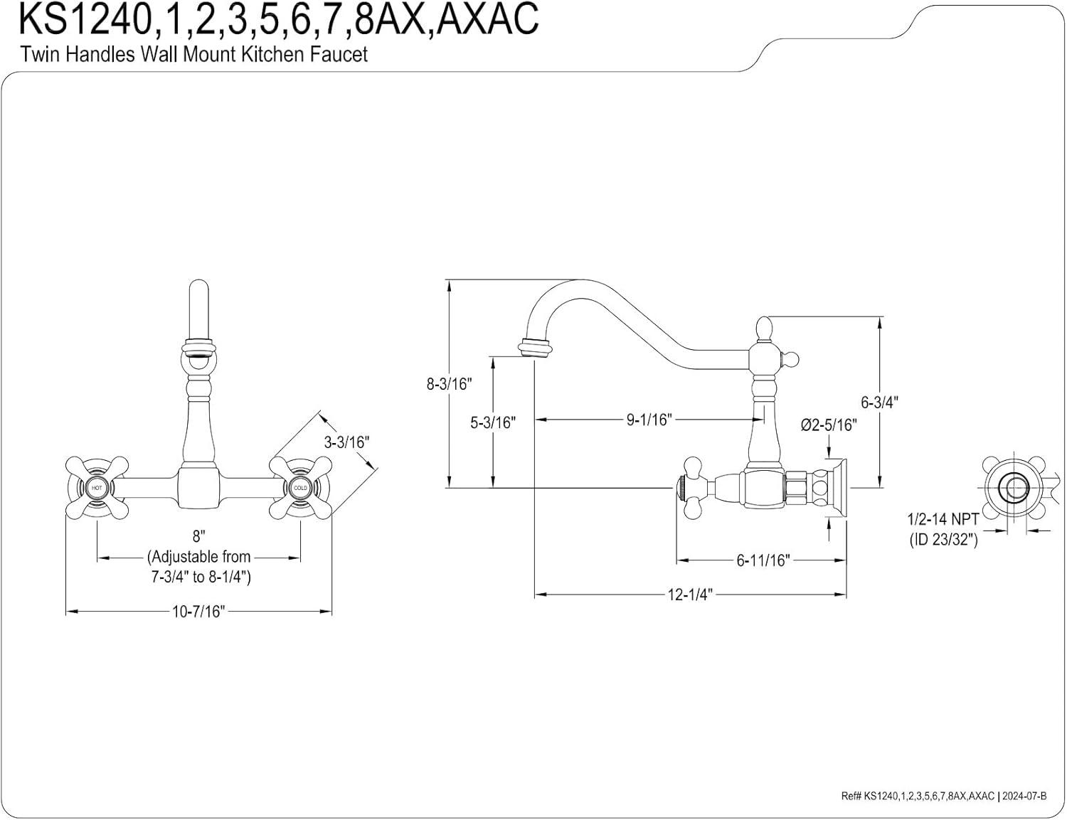 Kingston Brass Heritage Double-Handle 2-Hole Wall-Mount Bridge Kitchen Faucet