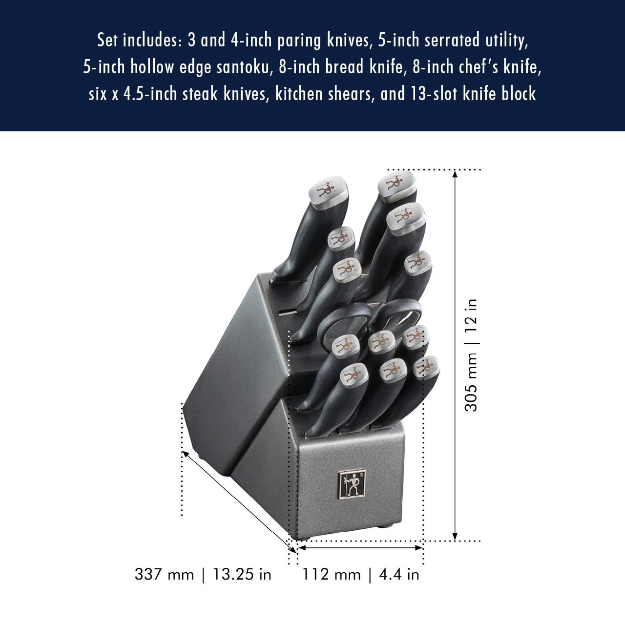 HENCKELS HENCKELS Silvercap 14 Piece Knife Set with Block, Chef Knife, Paring Knife, Utility Knife, Bread Knife, Steak Knife, Black, Stainless Steel