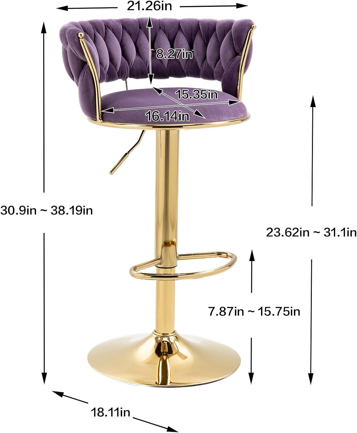 Kakotito 360° Velvet Swivel Bar Stools with Low Back & Footrest, Adjustable Counter Barstools, Silver Bar Stool (Set of 2 - Silver Version, Pink)
