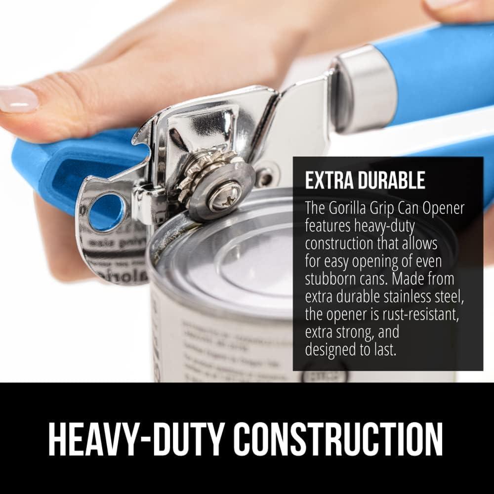GORILLA GRIP Stainless Steel Manual Can Opener, Soft Touch Handle, Built-In Bottle Opener, Aqua