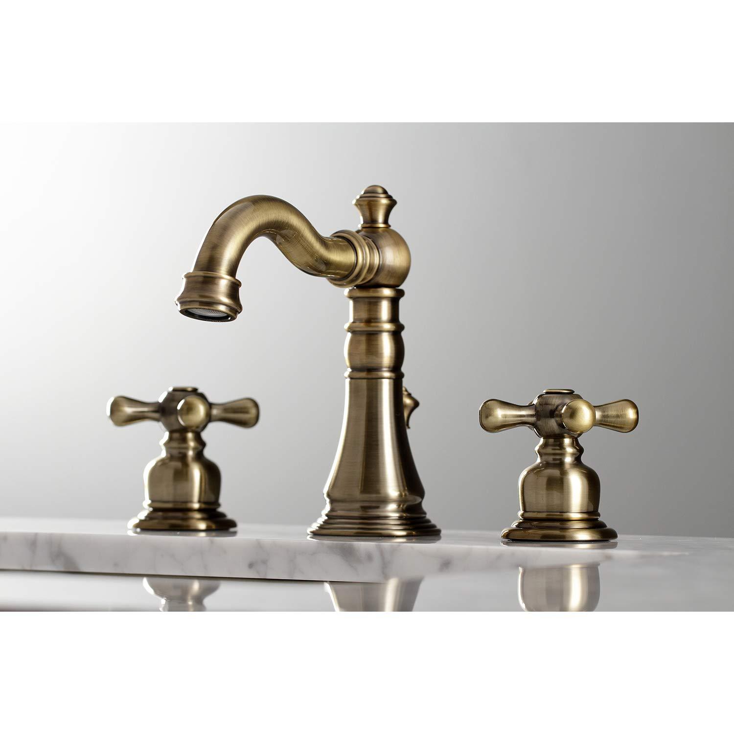 Kingston Brass American Classic Two-Handle 3-Hole Deck Mount Widespread Bathroom Faucet with Pop-Up Drain