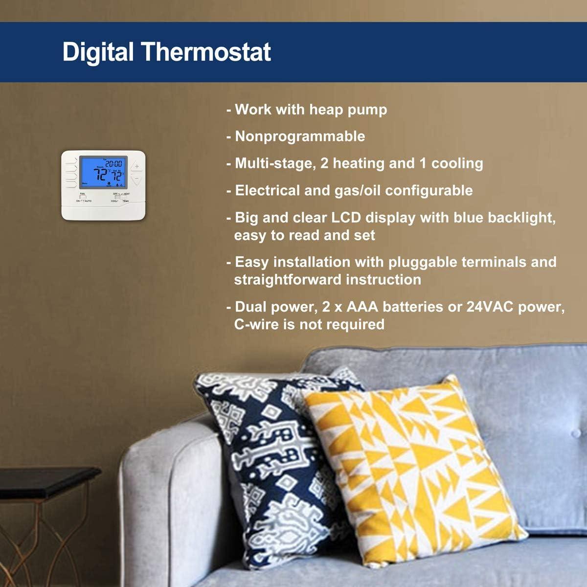 White Digital Heat Pump Thermostat with Large LCD Display