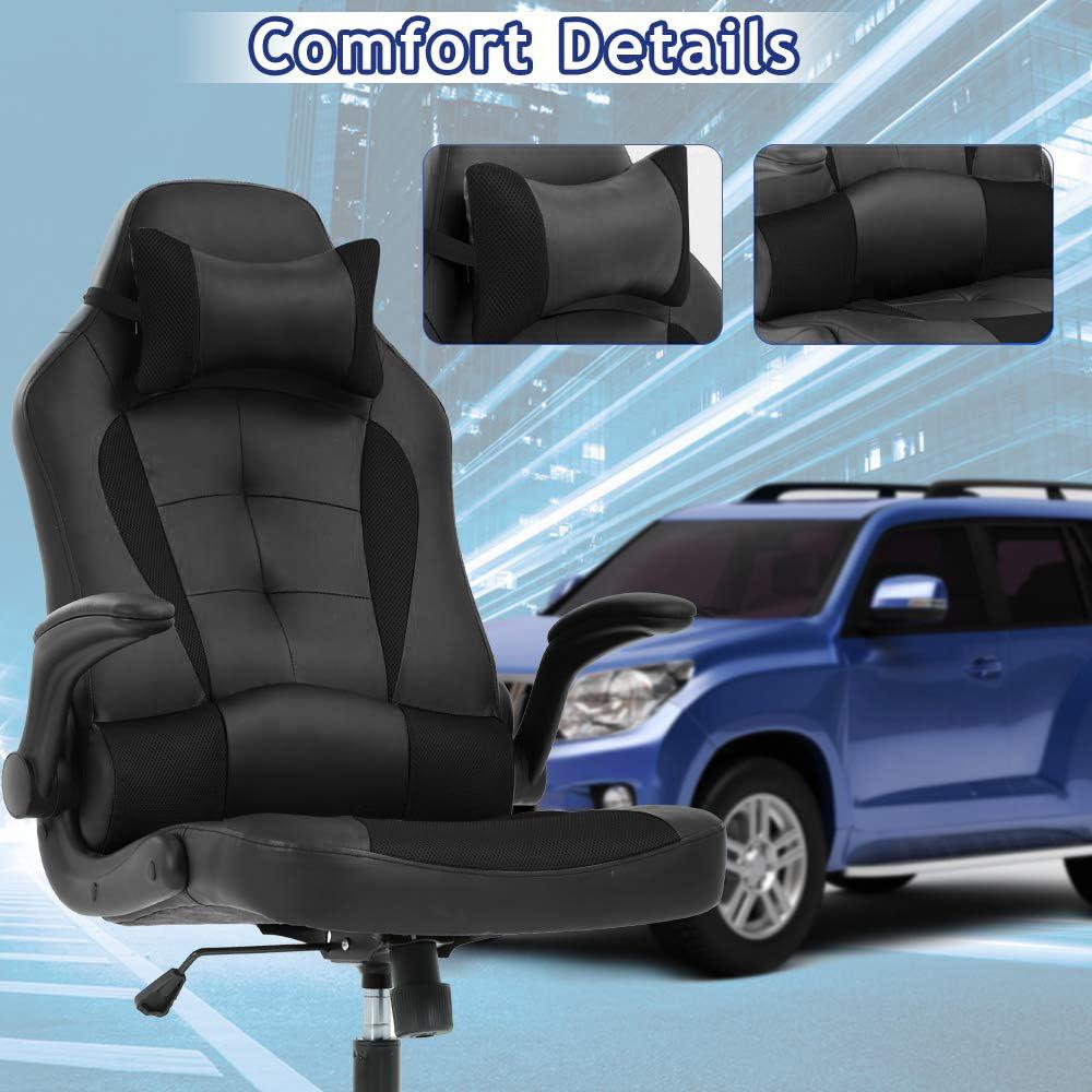 FDW PC Gaming Chair Office Chair Desk Chair with Lumbar Support Flip Up Arms Headrest, Black