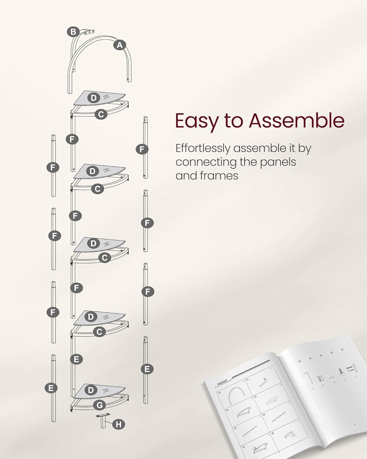 HOOBRO 5-Tier Corner Shelf Stand, Black Corner Bookshelf, Tempered Glass Shelves, Bathroom Organizer, Corner Plant Stand, for Living Room, Study, Balcony, Home Office, Modern Style, Black BK15CJ01