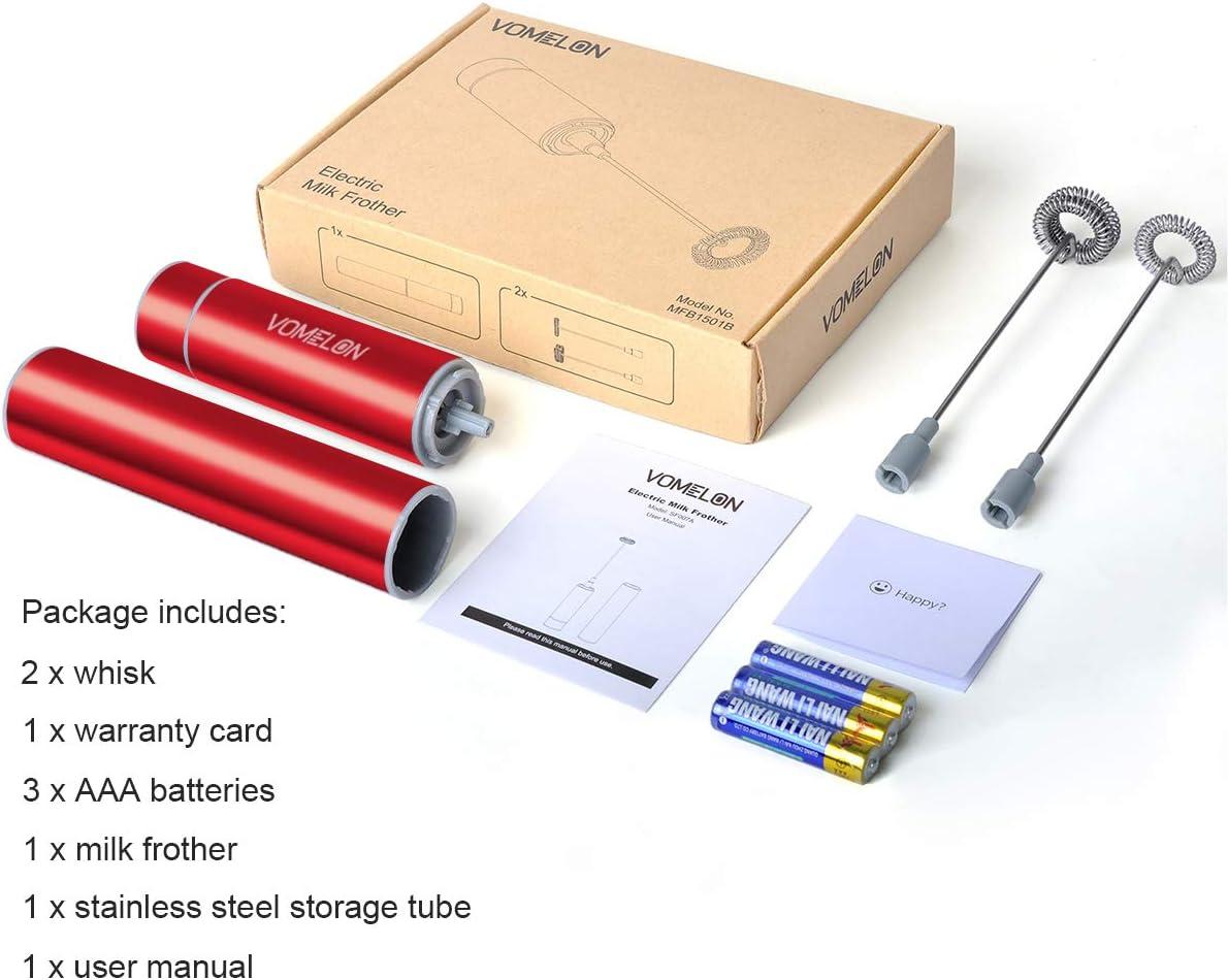 Milk Frother Handheld, Battery Operated Coffee Foamer Drink Mixer with 2 Stainless Steel Electric Whisks for Coffee, Latte, Cappuccino, Hot Chocolate, Protein， Batteries Included, Ruby Red