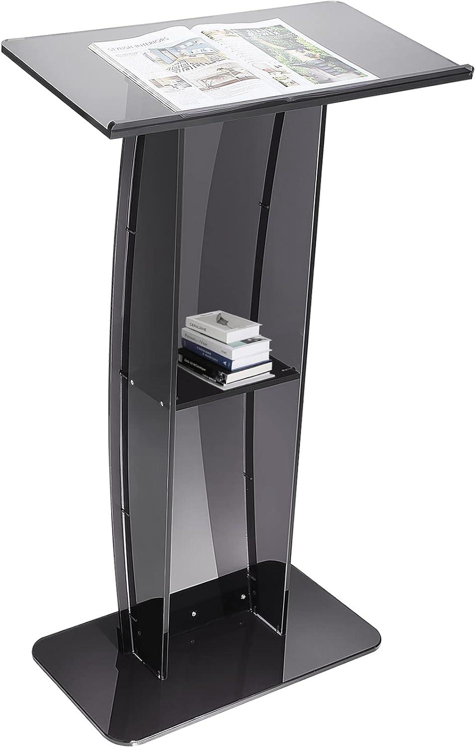 BENTISM Acrylic Podium Acrylic Pulpit 47" Acrylic Podium Stand w/ Wide Reading Surface Storage Shelf Floor-Standing Plexiglass Lectern Stand-Up Podium Conference Lectern for Church Office School Black