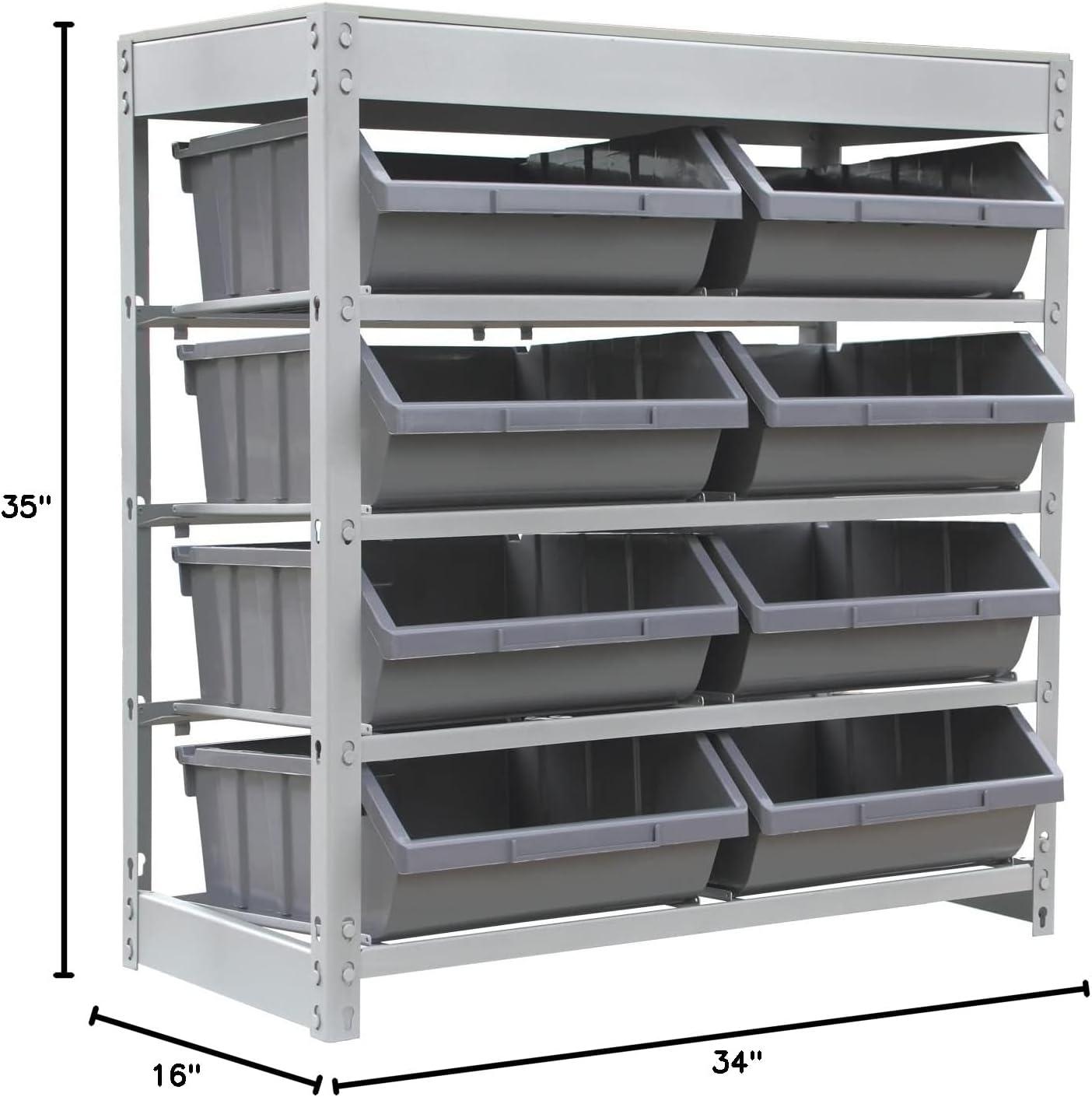 Bin Rack, Shelving Unit with Durable Construction for Easy Organization of Parts and Tools, Boltless Steel Storage System Organizer with 8 Plastic Bins in 4 tiers, Use in Store, Garage,Grey