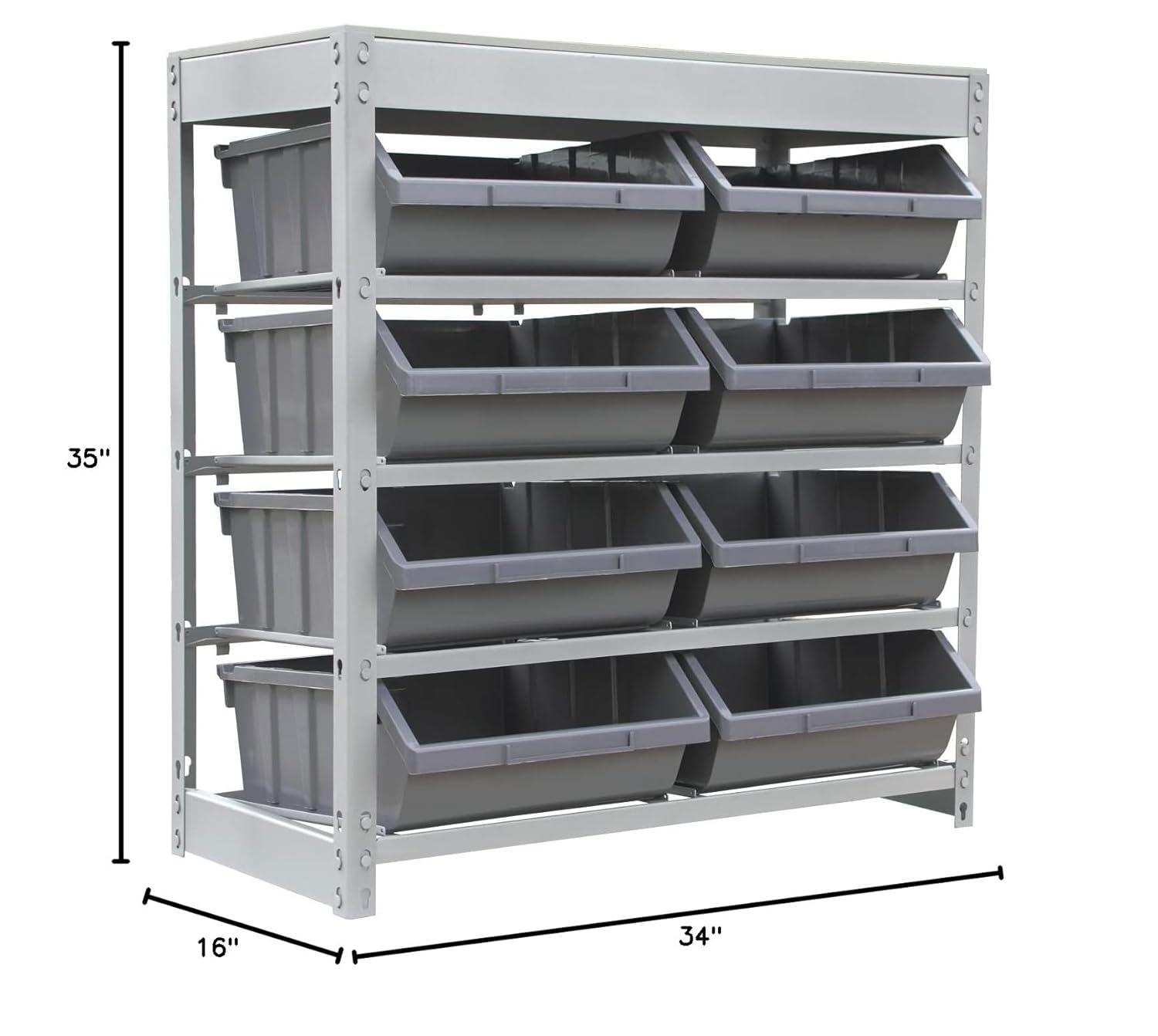 Bin Rack, Shelving Unit with Durable Construction for Easy Organization of Parts and Tools, Boltless Steel Storage System Organizer with 8 Plastic Bins in 4 tiers, Use in Store, Garage,Grey
