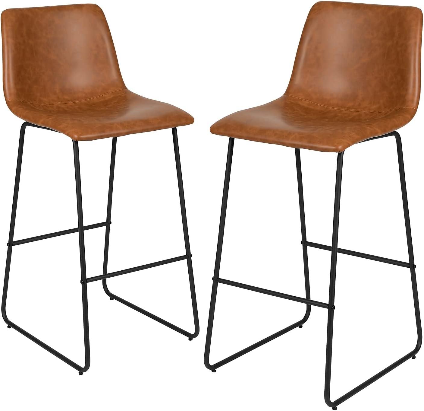 Reagan Light Brown Faux Leather Barstools with Metal Legs, Set of 2