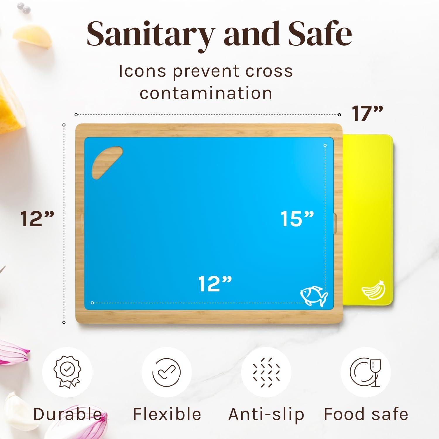 Tabla de Cortar de Madera de Bambú Fácil de Limpiar con Juego de 6 Tapetes de Corte Flexibles Codificados por Colores con Iconos de Comida - Juego de Tabla de Cortar