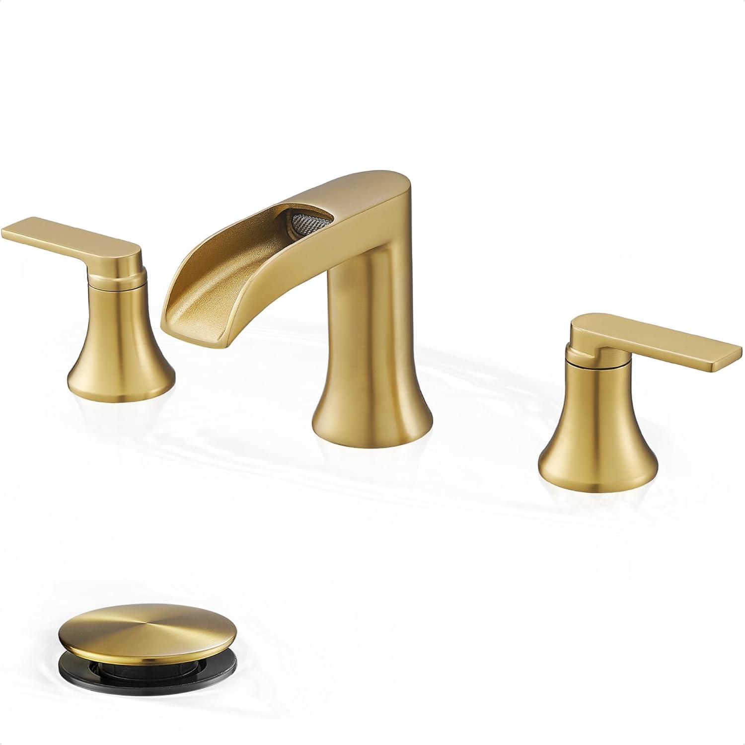 Brushed Gold Brass Double Handle Waterfall Bathroom Faucet