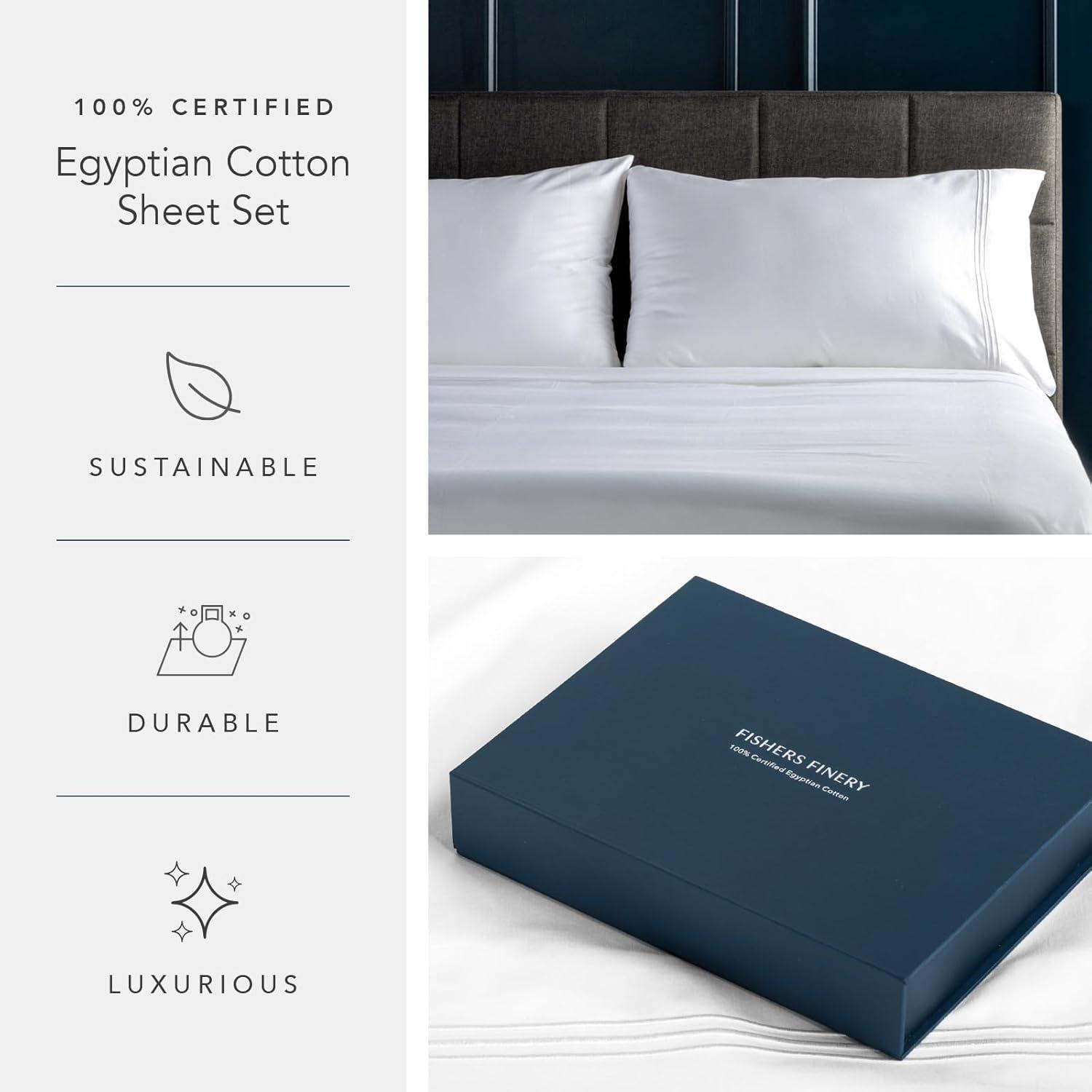 Fishers Finery 100% Certified Egyptian Cotton Sheet Sets, 500 Thread Count 4 Piece - Premium, Soft and Breathable Sheets - 16in Deep Pocket Classic Set (Ivory,K,4Pack)