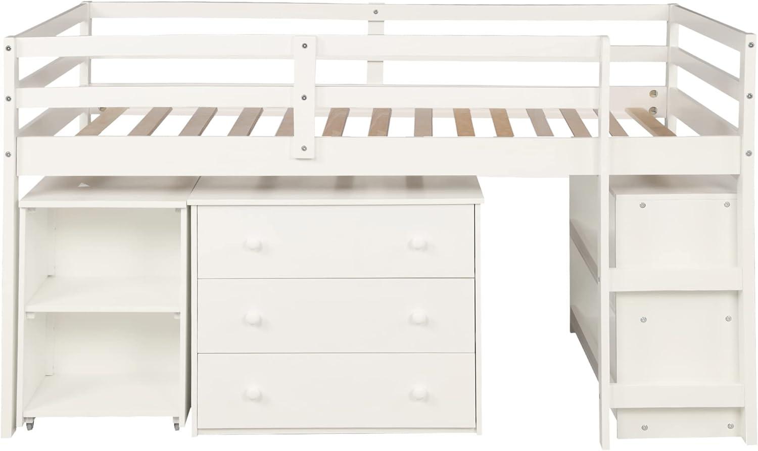 Harper & Bright Designs Twin Size Low Loft Bed with Rolling Portable Desk and Storage Cabinet, Wooden Low Study Loft Bed with Drawers, for Kids Teens Girls Boys - White