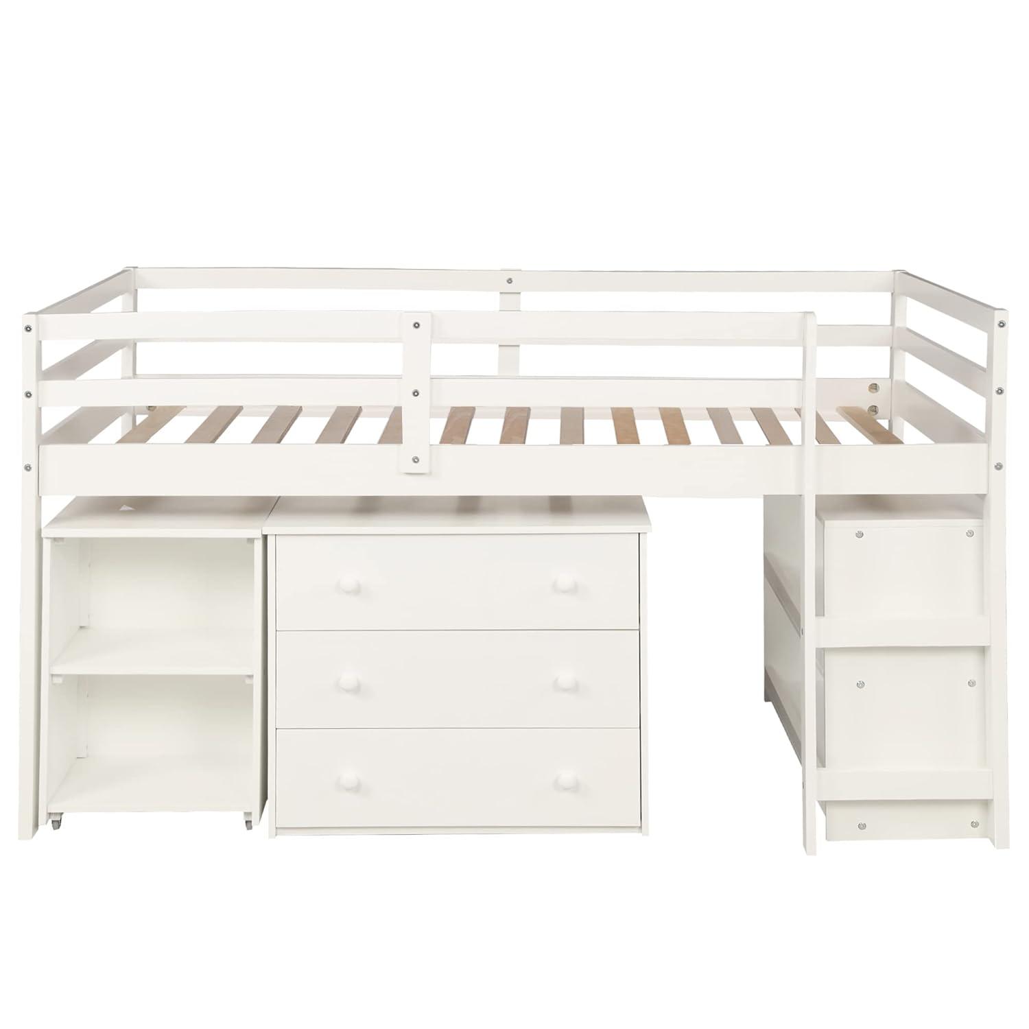 Harper & Bright Designs Twin Size Low Loft Bed with Rolling Portable Desk and Storage Cabinet, Wooden Low Study Loft Bed with Drawers, for Kids Teens Girls Boys - White