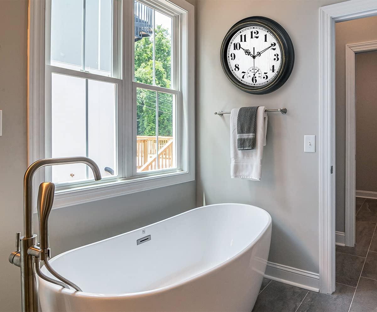 12 Inch Retro Silent Wall Clock,Indoor and Outdoor,Waterproof,Thermometer,Black