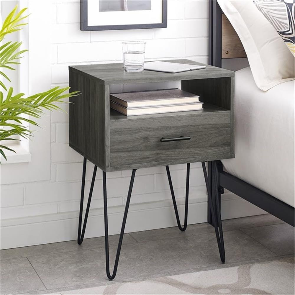 18" Modern Single Drawer Hairpin Leg Bedroom Nightstand in Slate Gray