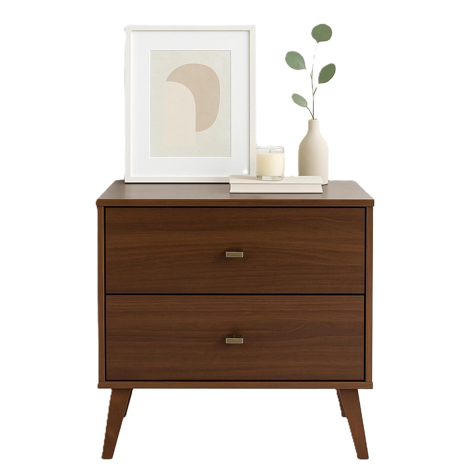 Milo Mid Century Modern 2 Drawer Nightstand Cherry - Prepac: Brushed Brass Knobs, Tapered Legs