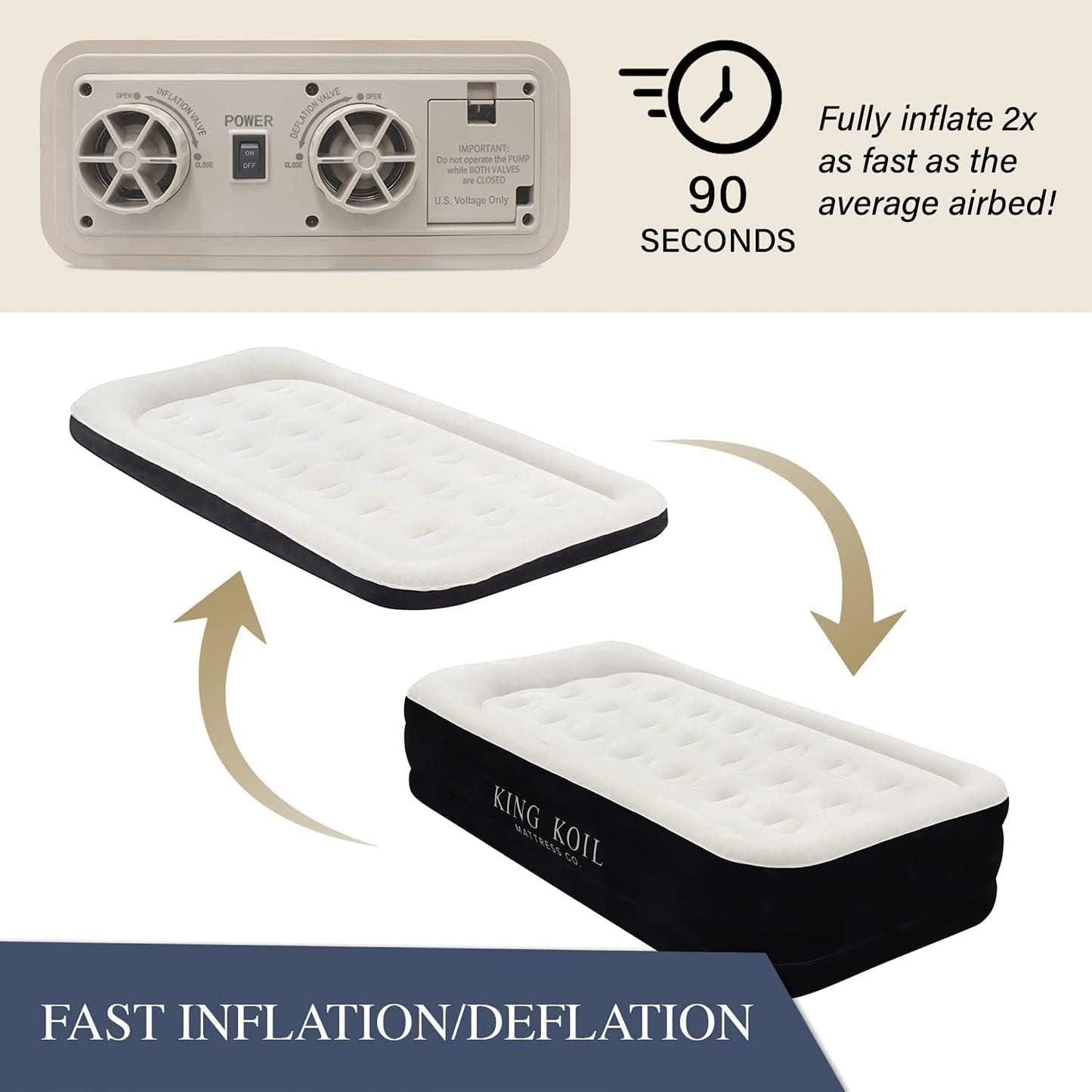 King Koil Plush Pillow Top Luxury Twin Air Mattress with Built-in High-Speed Pump for Camping, Home & Guests - Airbed Inflatable Blow Up Mattress, Waterproof, 1-Year Manufacturer Warranty
