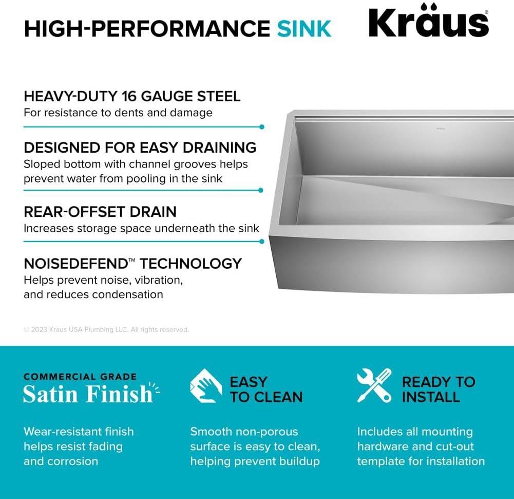 KRAUS Kore™ Workstation 36-inch L 16 Gauge Stainless Steel Single Bowl Farmhouse Kitchen Sink with Accessories