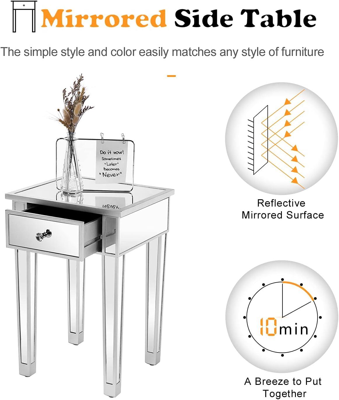 Silver Mirrored End Table with Drawer and Solid Wood Legs