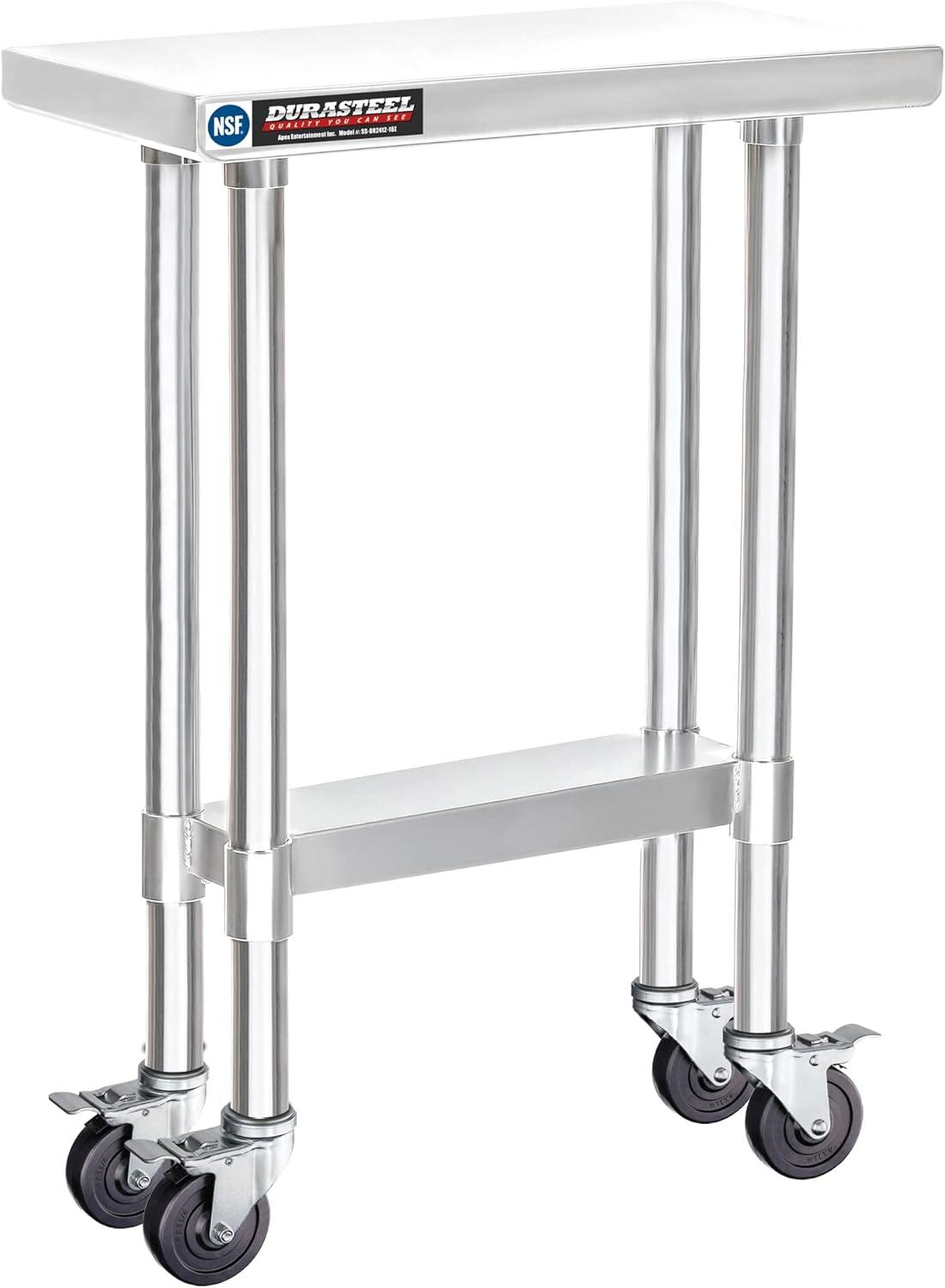 24 x 12 Inch Stainless Steel Movable Table Cart with Adjustable Under Shelf - NSF Certified