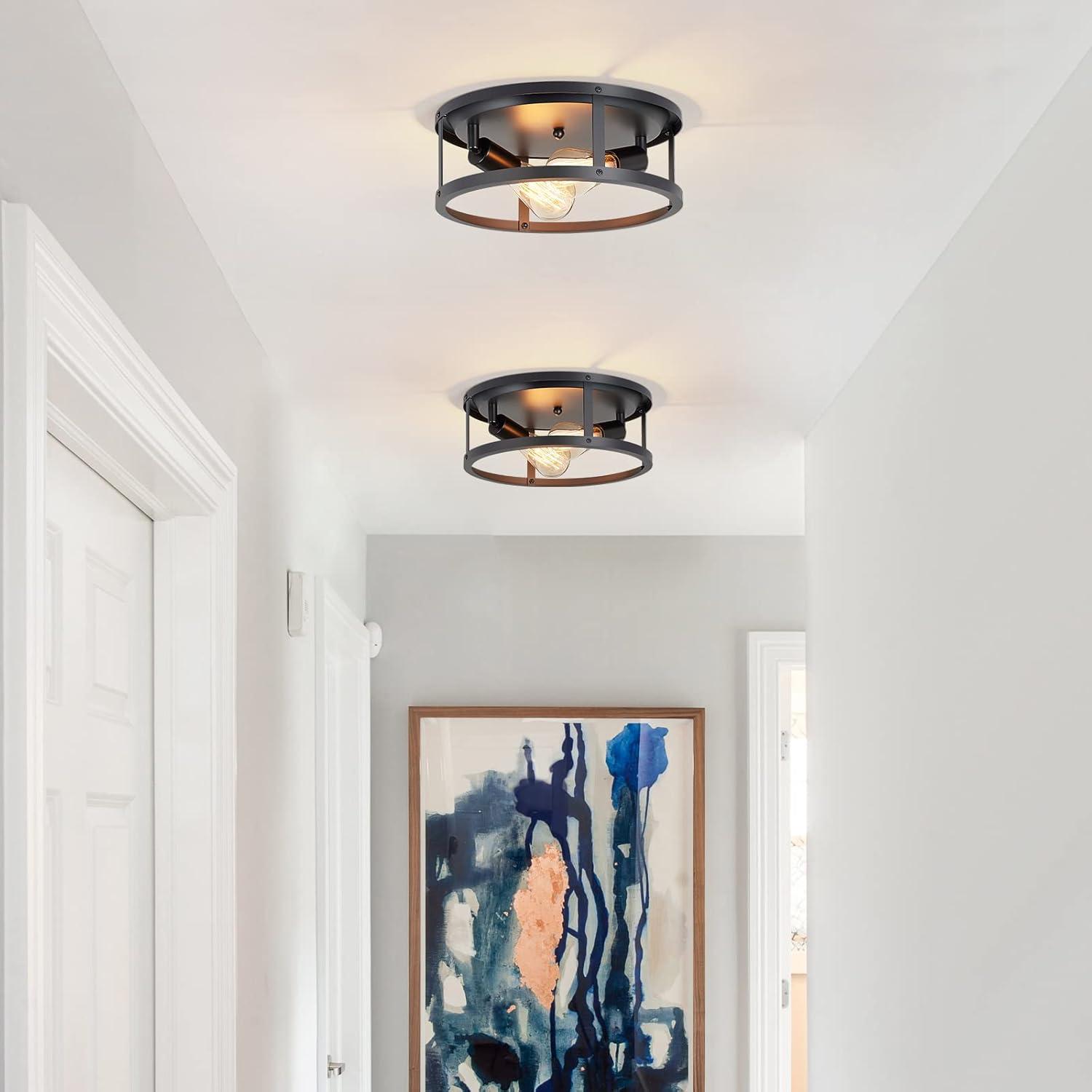 2 Pack Black Farmhouse Flush Mount Ceiling Light,2-Light Rustic Hallway Lighting Fixtures,Industrial Light Fixtures Ceiling Mount for Kitchen Hall Entry Bedroom Closet