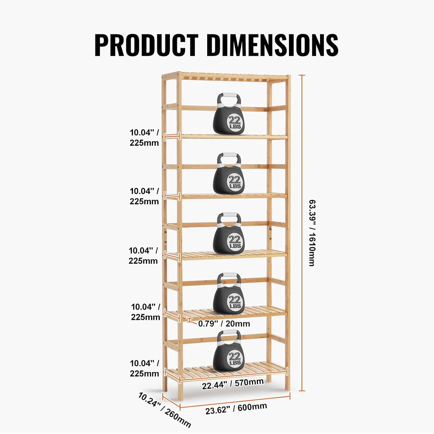 VEVOR Bamboo Bookshelf 6 Tiers Bamboo Ladder Bookcase Rectangle Storage Rack