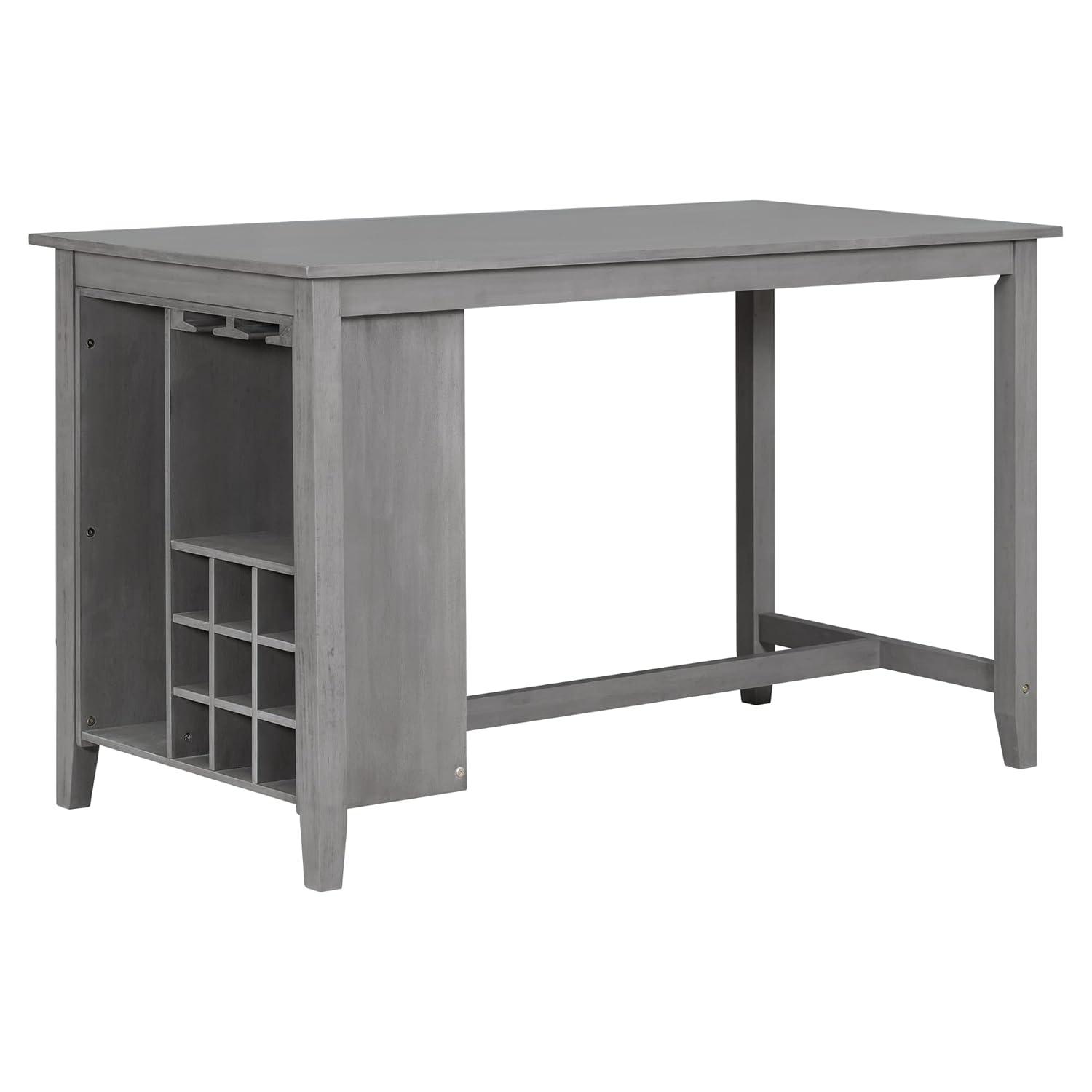 5-Piece Multi-Functional Rubber Wood Counter Height Dining Set with Padded Chairs and Integrated 9 Bar Wine Compartment, Wineglass Holders for Dining Room (Gray) 39AAE