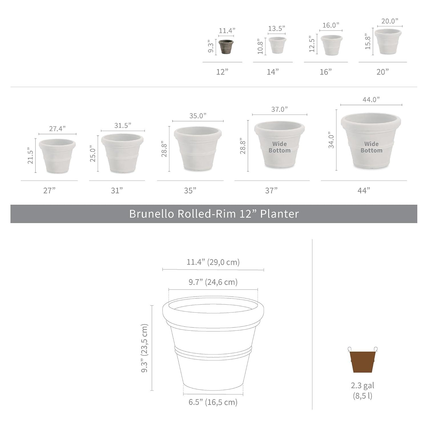 Crescent Garden Brunello Classic Rolled-Rim Plant Pot, Weathered Concrete, 12in