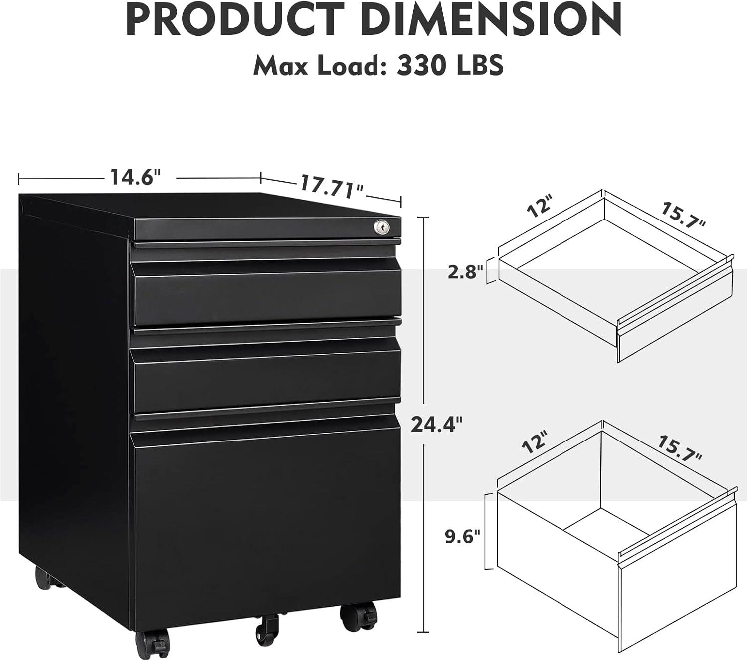 3 Drawer Filing Cabinet, File Cabinets for Home Office, Locking File Cabinet for A4-Size/Letter-Size/Legal-Size,Black