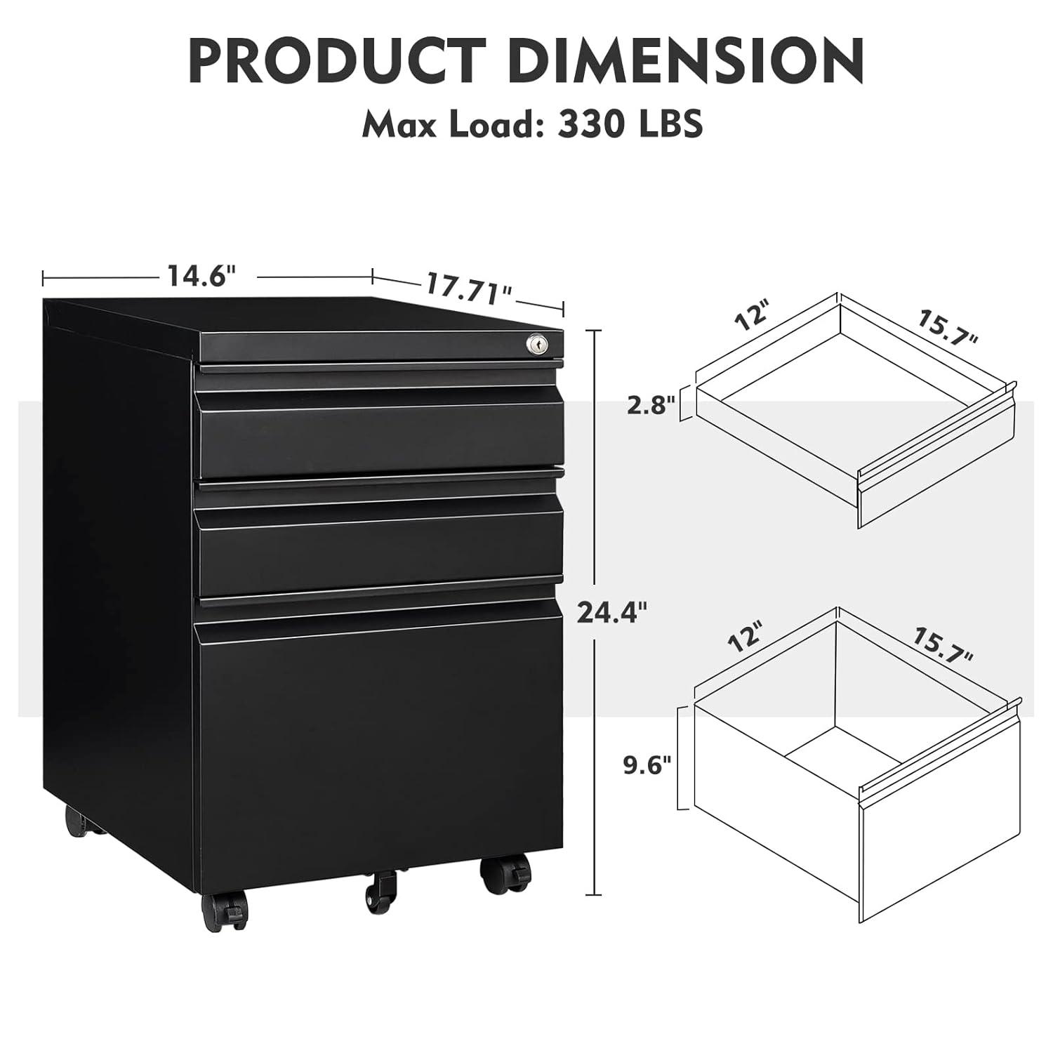 MIIIKO File Cabinet 3 Drawers on Wheels Under Desk, Black Metal Rolling File Cabinets with Lock for Home Office, Un-Assembled Filing Cabinet with Lock