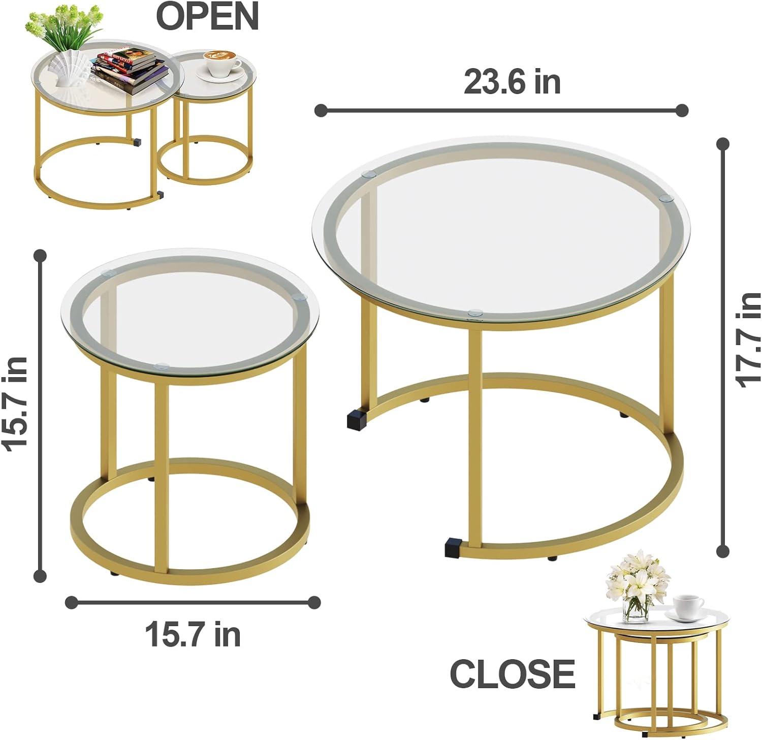 Gold Round Glass Nesting Coffee Table Set with Metal Frame