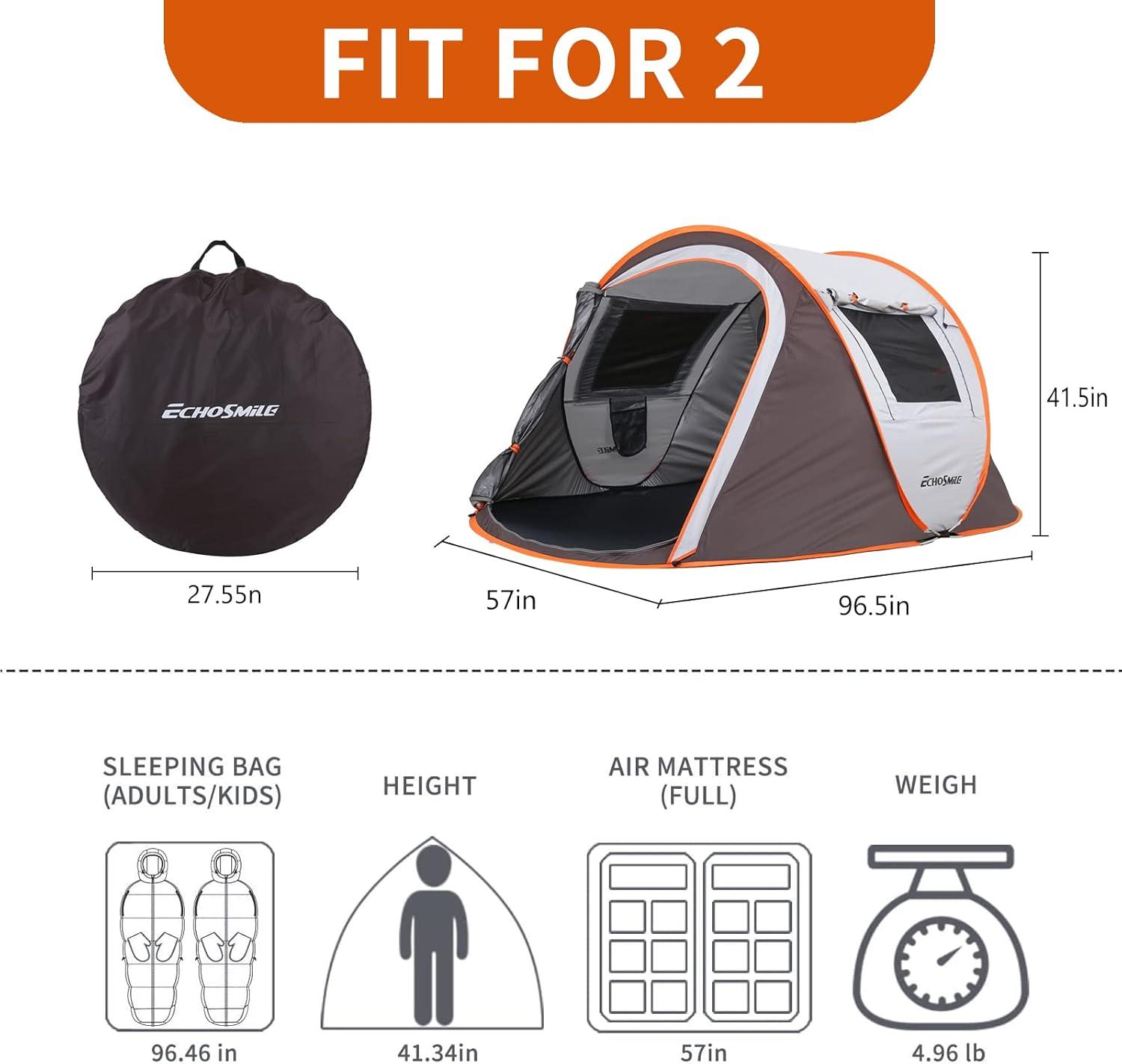 EchoSmile 2-Person White and Brown Pop Up Camping Tent