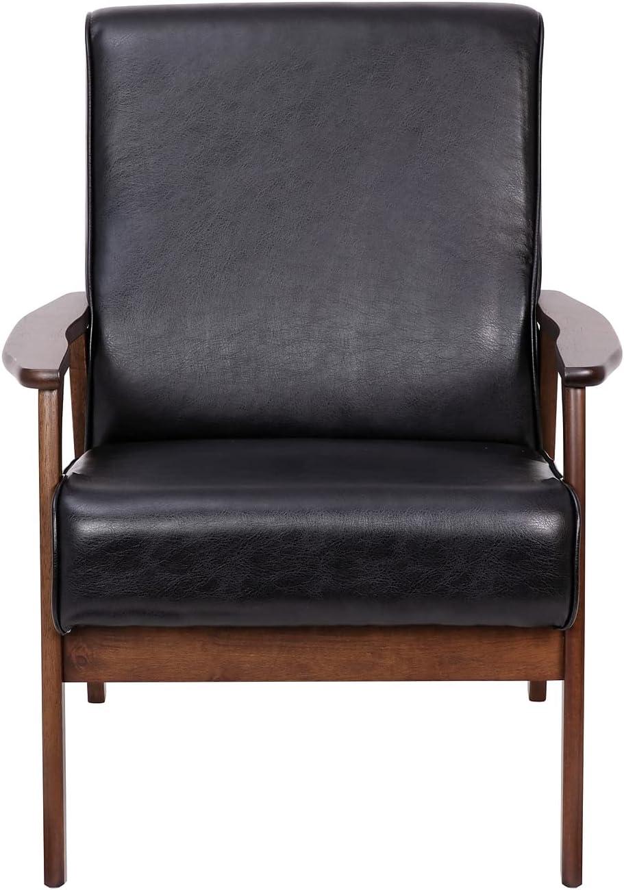 Mid-Century Modern Black Leather Accent Chair with Walnut Wood Frame