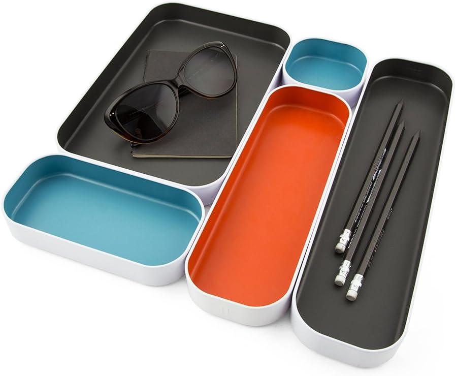 Three by Three Seattle 5 Piece Metal Organizer Tray Set for Storing Makeup, Stationary, Utensils, and More in Office Desk, Kitchen and Bathroom Drawers (1 Inch, Gray, Sky Blue, Orange)