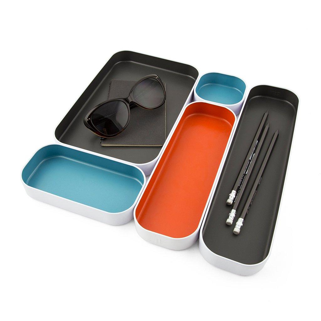 Three by Three Seattle 5 Piece Metal Organizer Tray Set for Storing Makeup, Stationary, Utensils, and More in Office Desk, Kitchen and Bathroom Drawers (1 Inch, Gray, Sky Blue, Orange)