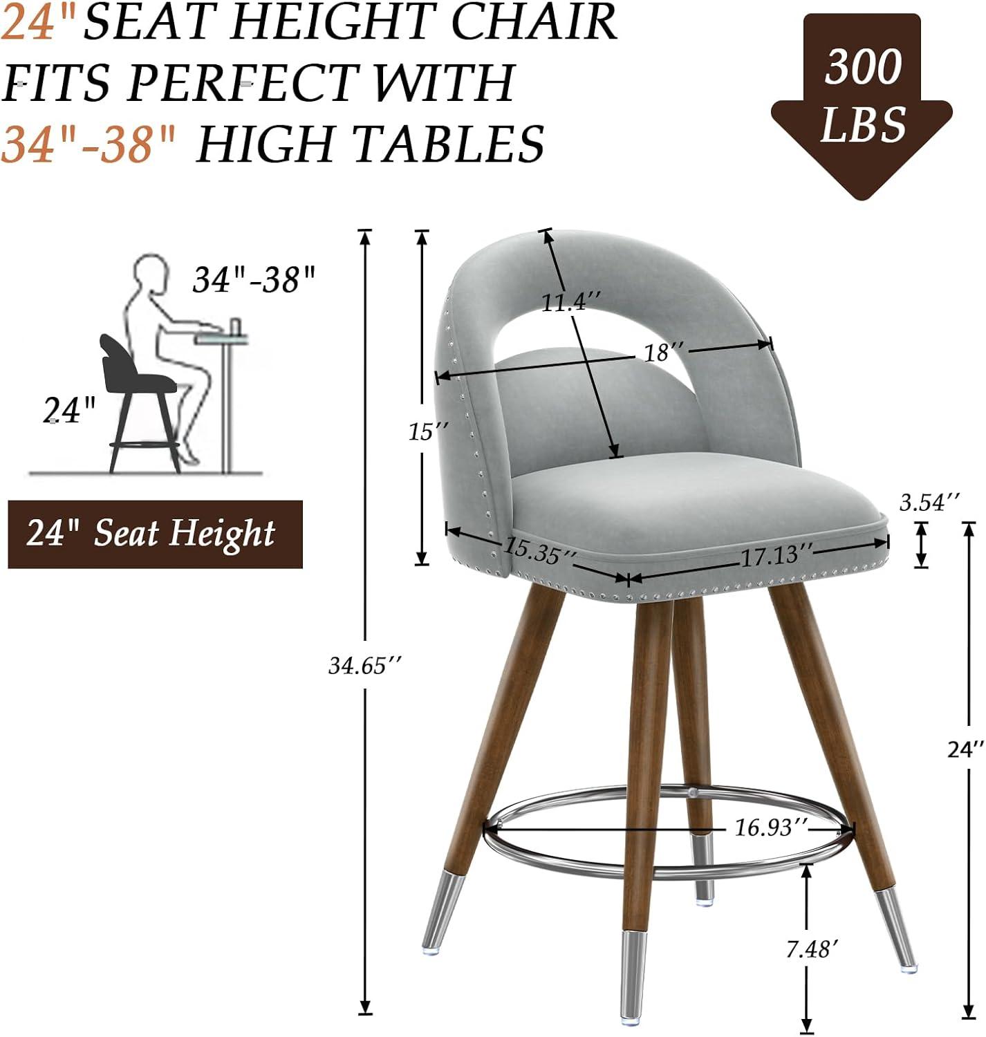 Kokitus Counter Height Bar Stools, 24 Inch Swivel Bar Stools with Backs&Solid Wood Legs