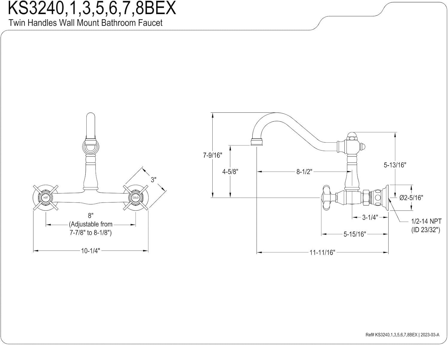 Kingston Brass KS3240BEX Essex Wall Mount Bathroom Faucet, Matte Black