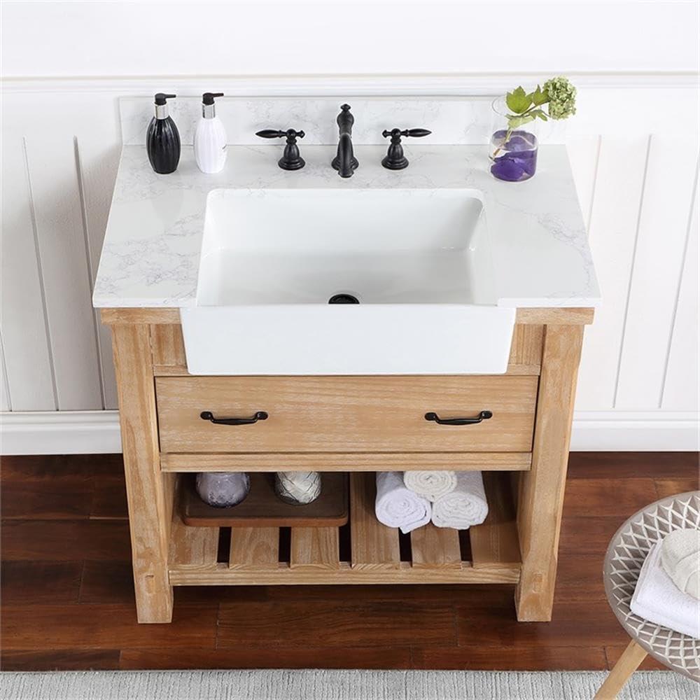 Villareal 36" Single Bath Vanity in Weathered Pine Wood & White Farmhouse Basin