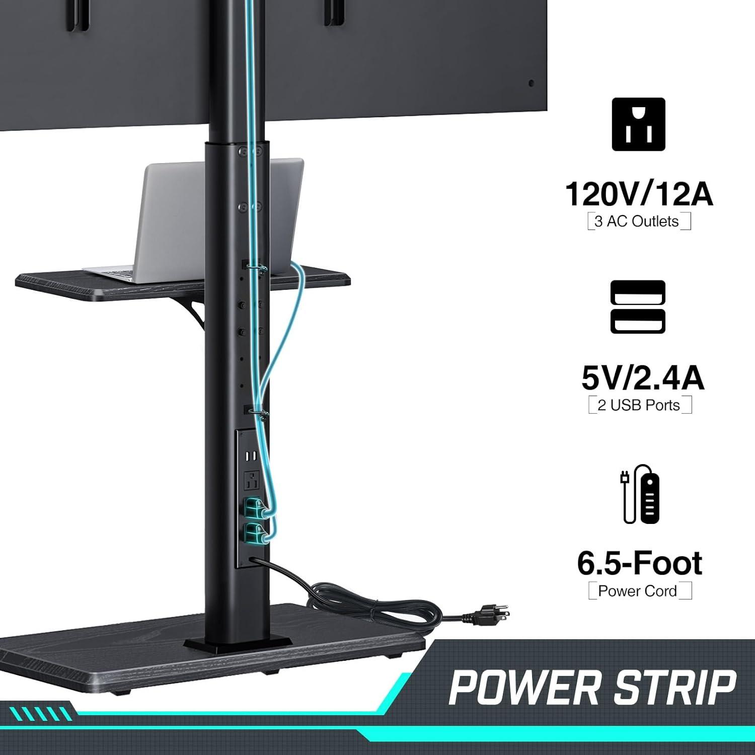 Black Swivel Floor TV Stand with Wood Base and Power Outlet