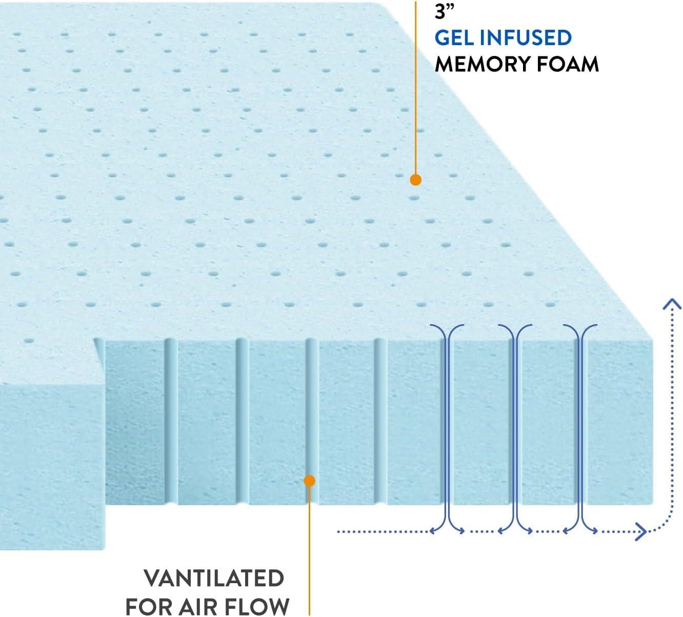 Best Price Mattress 3 Inch Ventilated Memory Foam Mattress Topper, Cooling Gel Infusion, CertiPUR-US Certified, Dorm Essentials, Queen