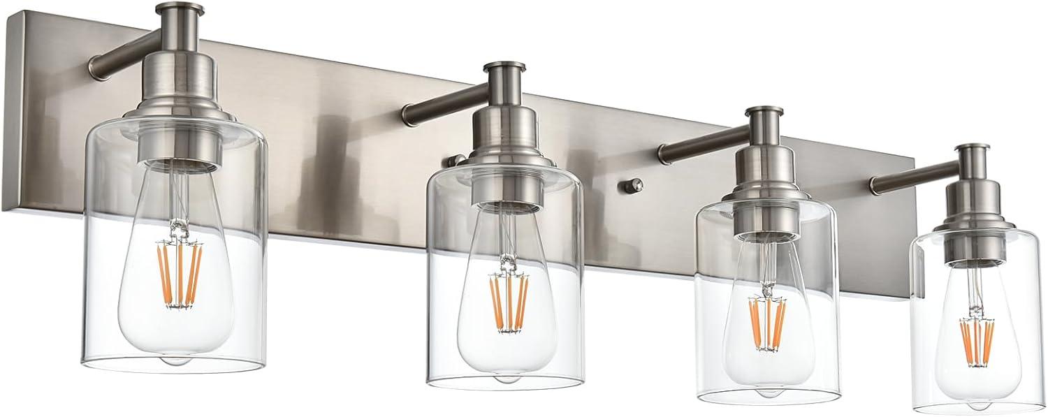 Brushed Nickel 4-Light Bathroom Vanity Fixture with Clear Glass Shades