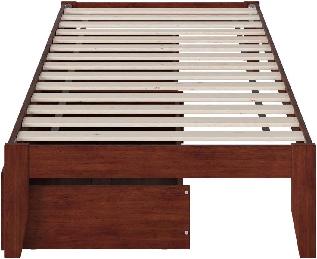 Symmetrical Twin XL Walnut Bed with USB Charger and Storage Drawers