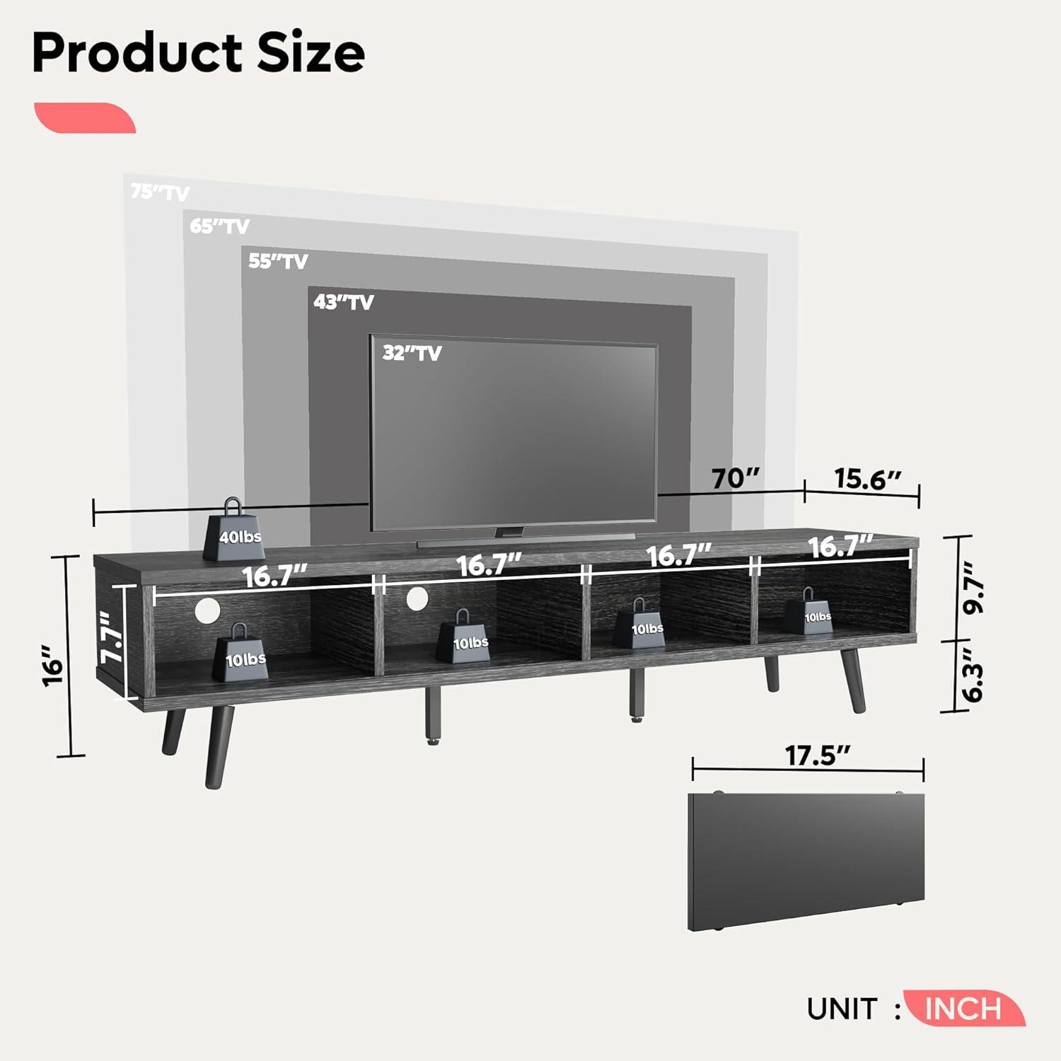 Charcoal Black 70" Mid Century Modern TV Stand with Sliding Doors