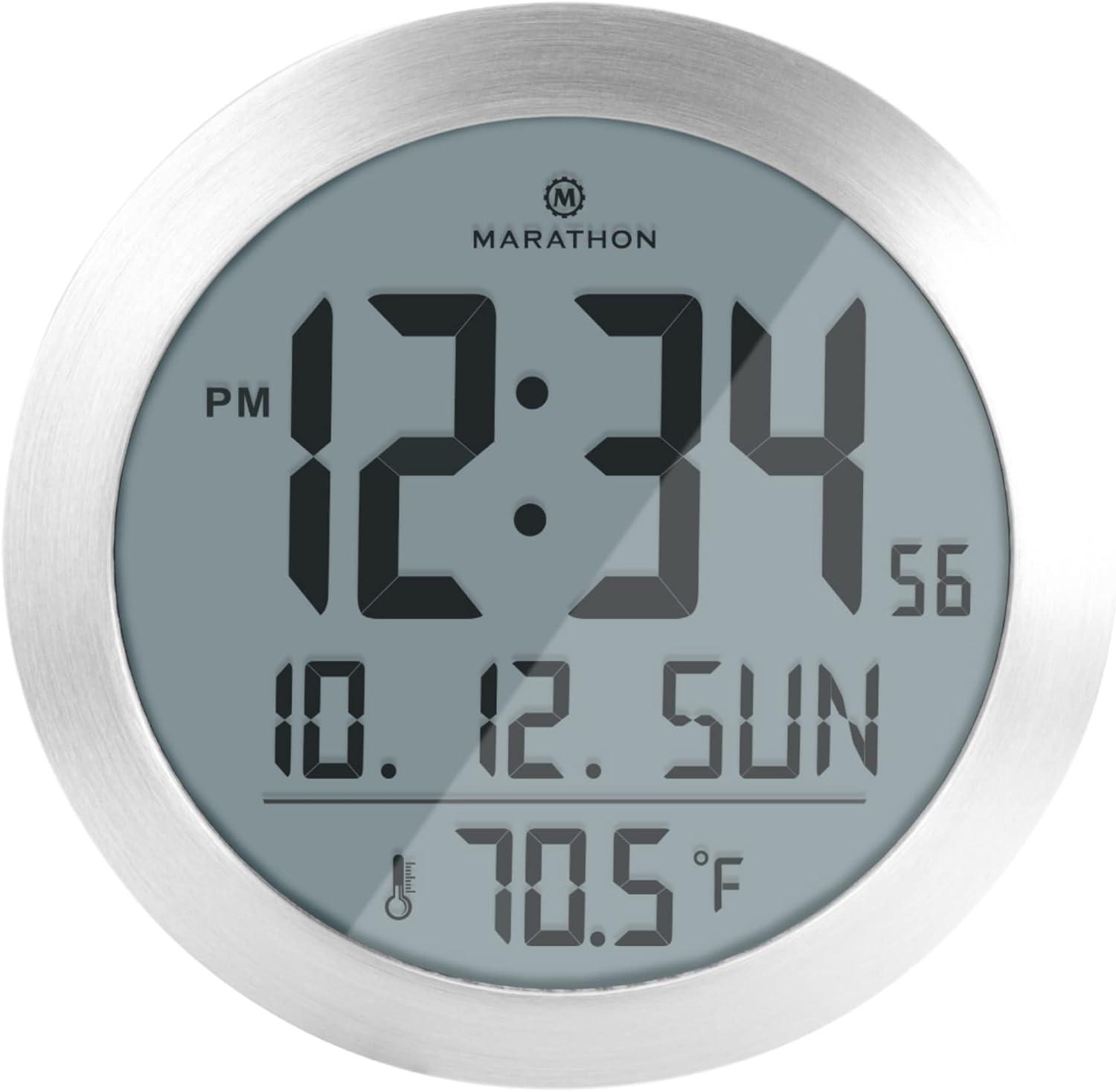 Marathon 10-Inch Round Silver Digital Wall Clock with Temperature Display