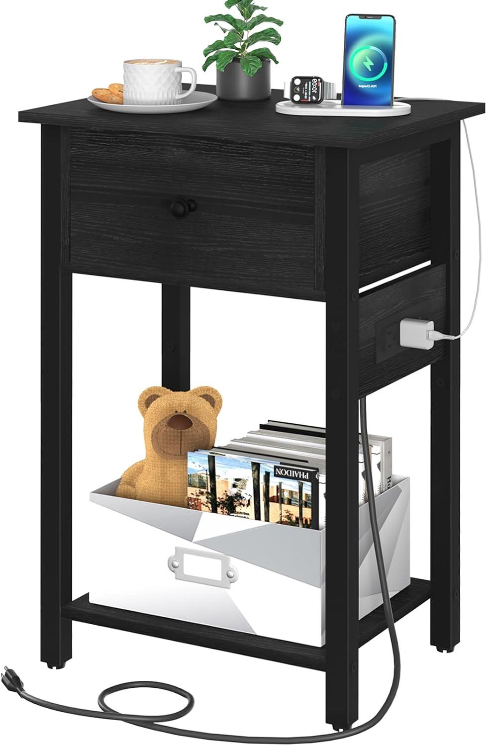 Nightstand End Table with Charging Station, USB Ports, Drawer and Storage Shelf, Black