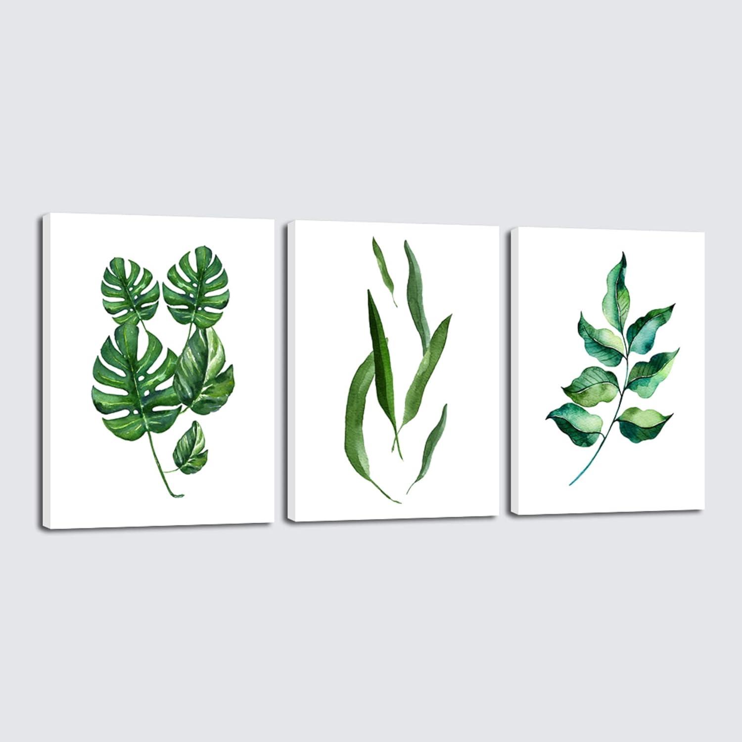 Green Leaves Botanic Canvas Wall Art Abstract Watercolor Pictures for Living Room Bedroom Wall Decor 3 Pieces Modern Stretched Artwork for Bathroom Decor