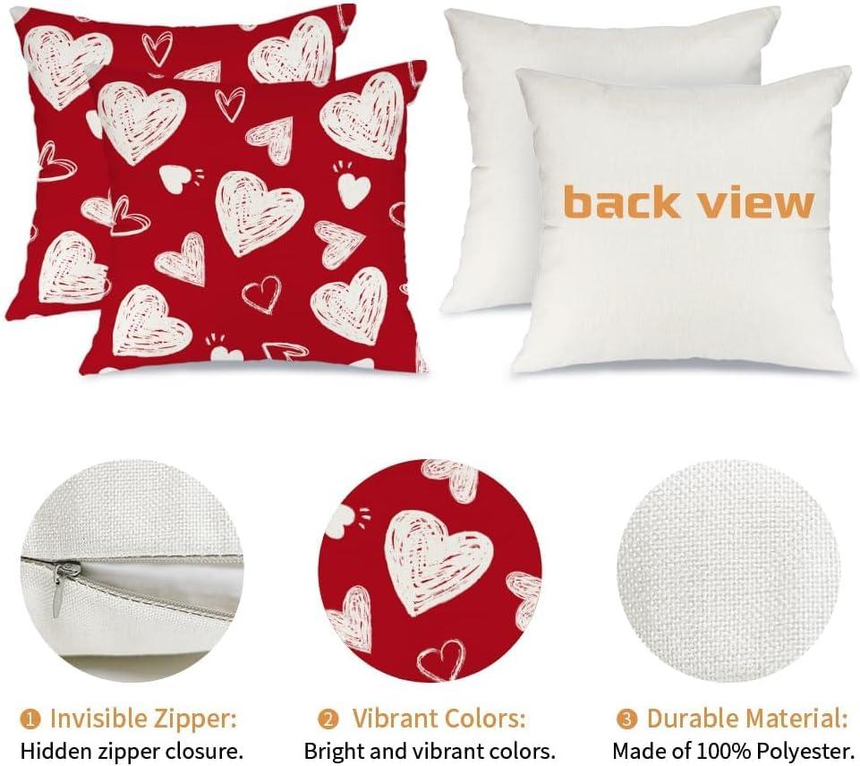 Red and White Polyester Valentine's Day Heart Pillow Covers 18x18 Inch Set